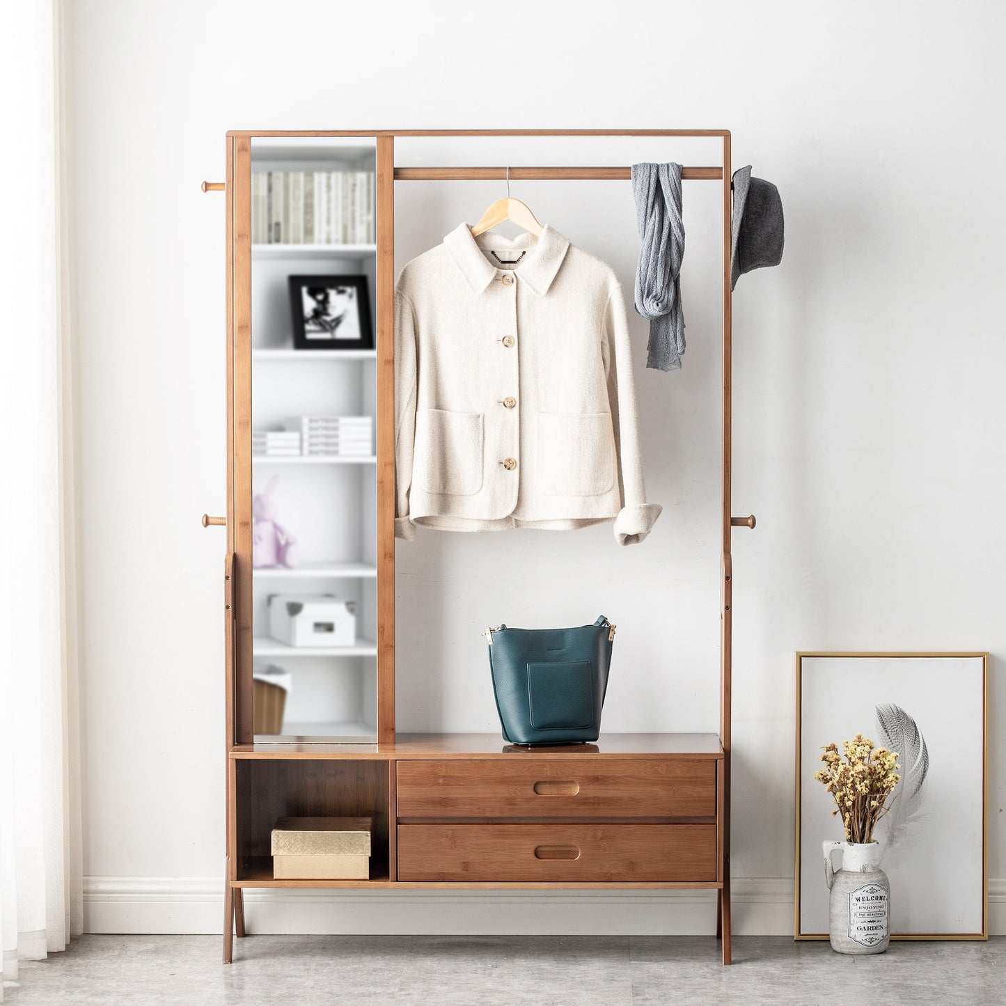 Freestanding Bamboo Wood Coat Rack, Coat Rack with Full Mirror, Seat, Drawers and Hooks, Tree Freestanding for Hanging Coats, Jackets, Hats, Bags, Umbrellas, Brown