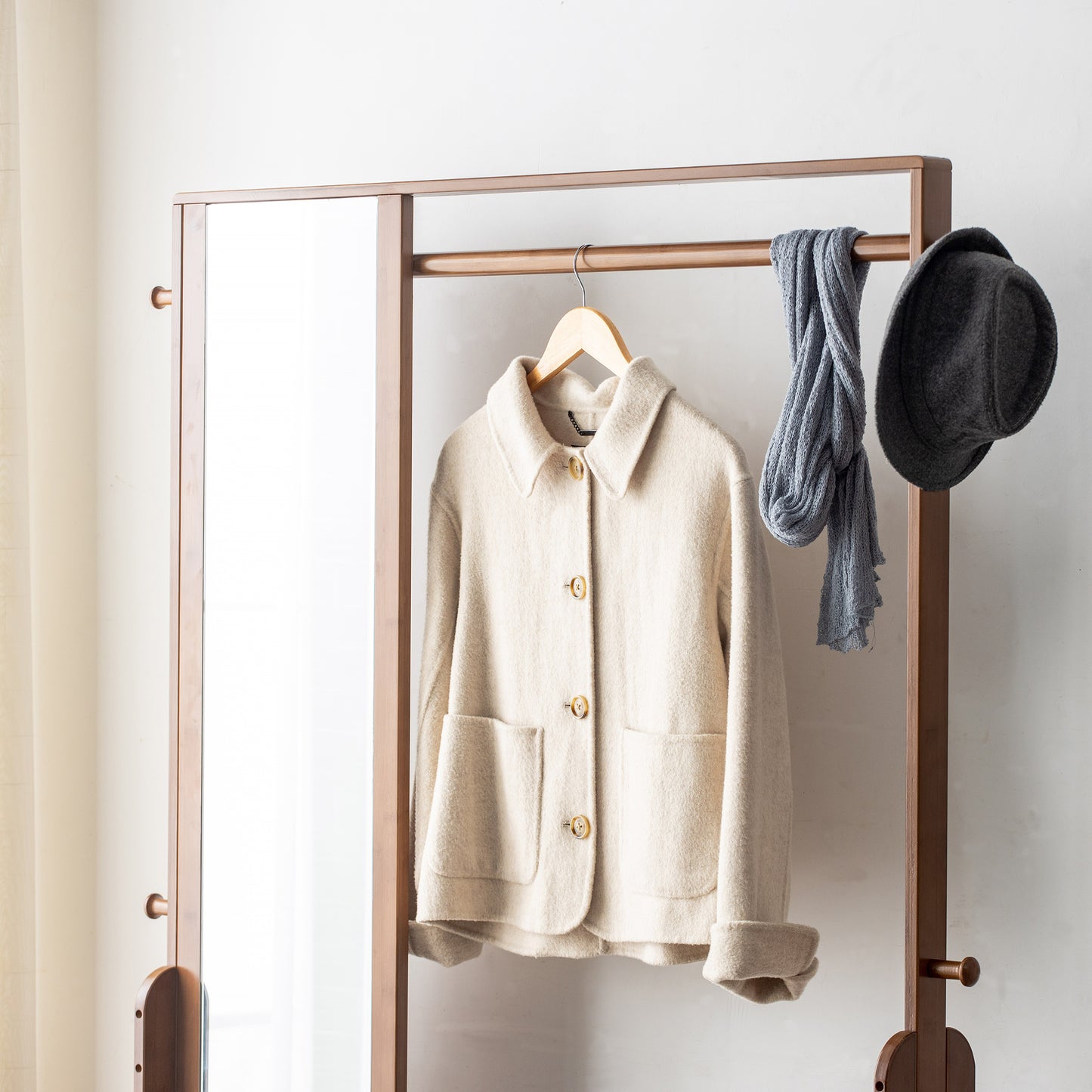Freestanding Bamboo Wood Coat Rack, Coat Rack with Full Mirror, Seat, Drawers and Hooks, Tree Freestanding for Hanging Coats, Jackets, Hats, Bags, Umbrellas, Brown