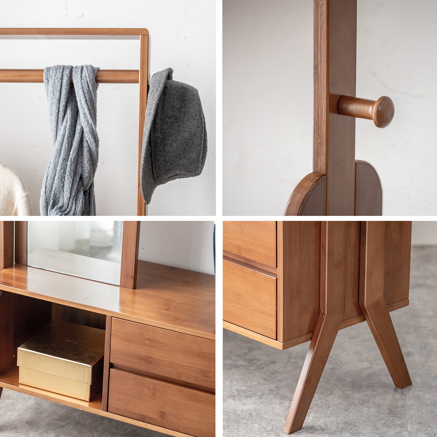 Freestanding Bamboo Wood Coat Rack, Coat Rack with Full Mirror, Seat, Drawers and Hooks, Tree Freestanding for Hanging Coats, Jackets, Hats, Bags, Umbrellas, Brown