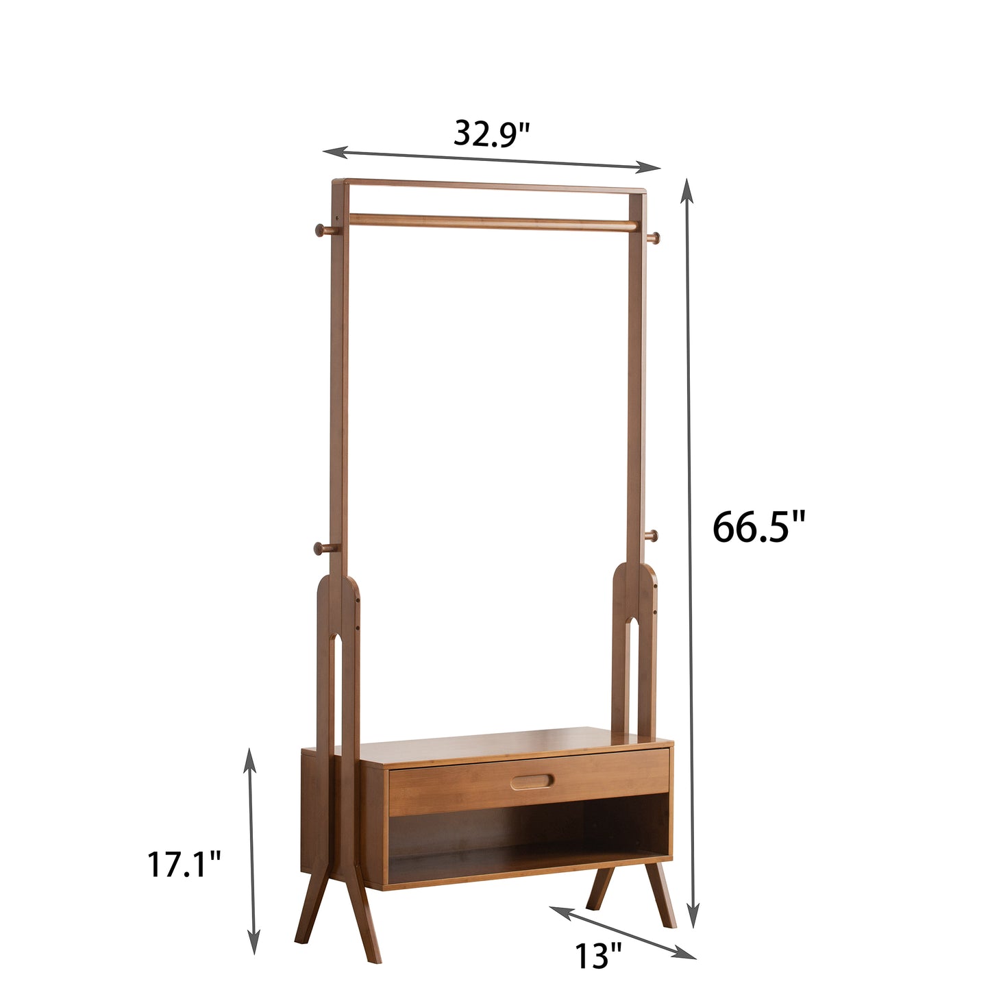 Freestanding Bamboo Wood Coat Rack, Coat Rack with Full Mirror, Seat, Drawers and Hooks, Tree Freestanding for Hanging Coats, Jackets, Hats, Bags, Umbrellas, Brown
