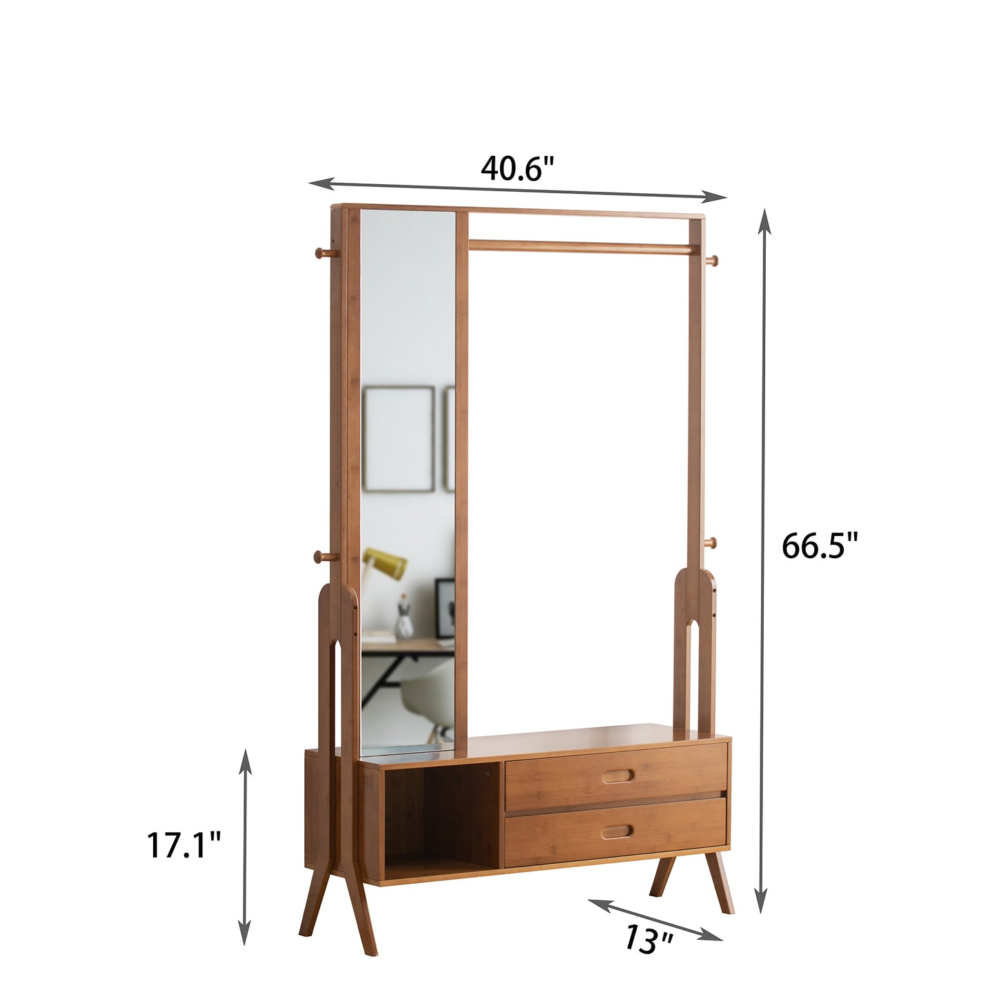 Freestanding Bamboo Wood Coat Rack, Coat Rack with Full Mirror, Seat, Drawers and Hooks, Tree Freestanding for Hanging Coats, Jackets, Hats, Bags, Umbrellas, Brown