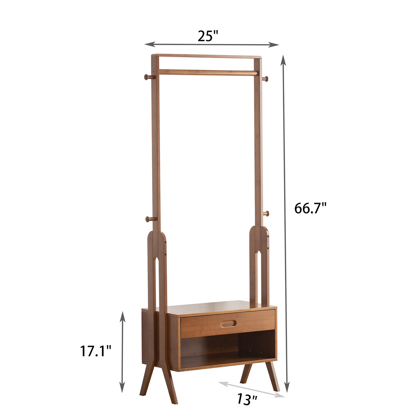 Freestanding Bamboo Wood Coat Rack, Coat Rack with Full Mirror, Seat, Drawers and Hooks, Tree Freestanding for Hanging Coats, Jackets, Hats, Bags, Umbrellas, Brown
