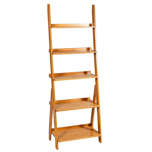 5 Tier Bookshelf & Leaning Ladder Shelf for Display & Storage Rack & Multipurpose Bamboo Organizer Shelves Furniture Home Office,for Living Room, Kitchen, Office ?Natural?