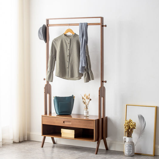 Freestanding Bamboo Wood Coat Rack, Coat Rack with Full Mirror, Seat, Drawers and Hooks, Tree Freestanding for Hanging Coats, Jackets, Hats, Bags, Umbrellas, Brown