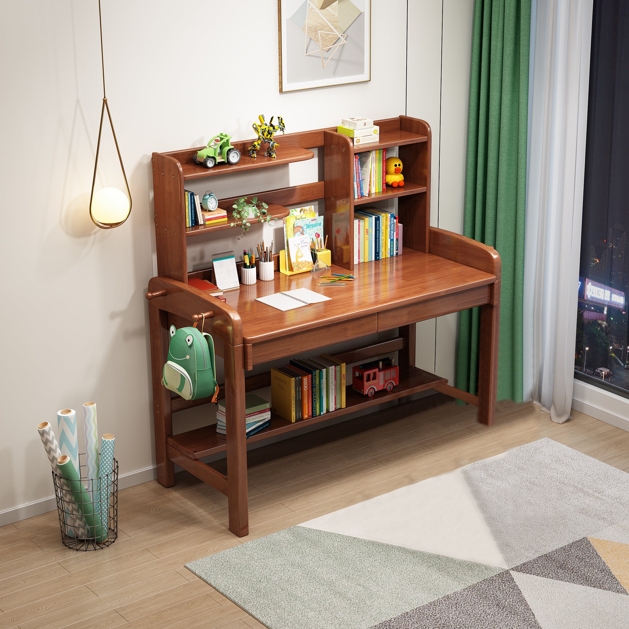 Children's desk deals with bookshelf